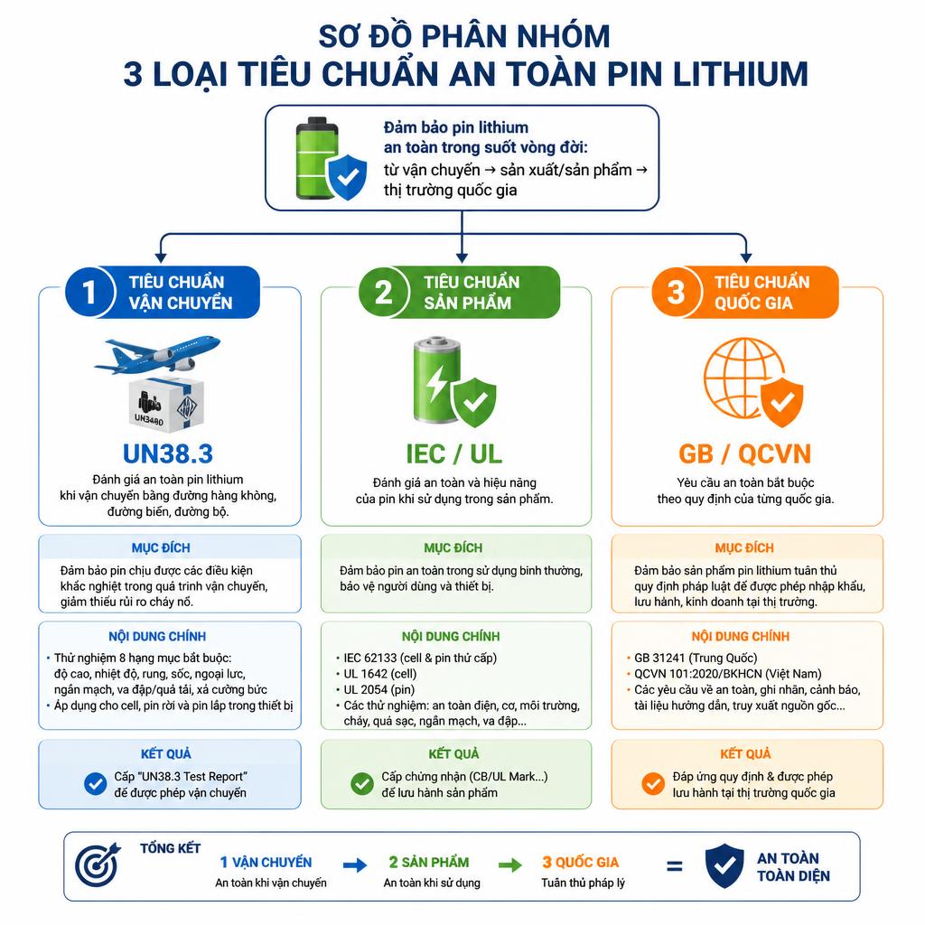 Sơ đồ phân nhóm 3 loại tiêu chuẩn an toàn pin lithium: vận chuyển (UN38.3), sản phẩm (IEC/UL) và quốc gia (GB/QCVN), dạng infographic nền trắng, chữ tiếng Việt