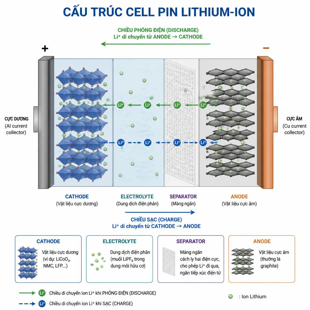 Sơ đồ phân tách 4 thành phần cell pin lithium-ion: cathode, anode, electrolyte, separator với mũi tên chỉ chiều di chuyển ion