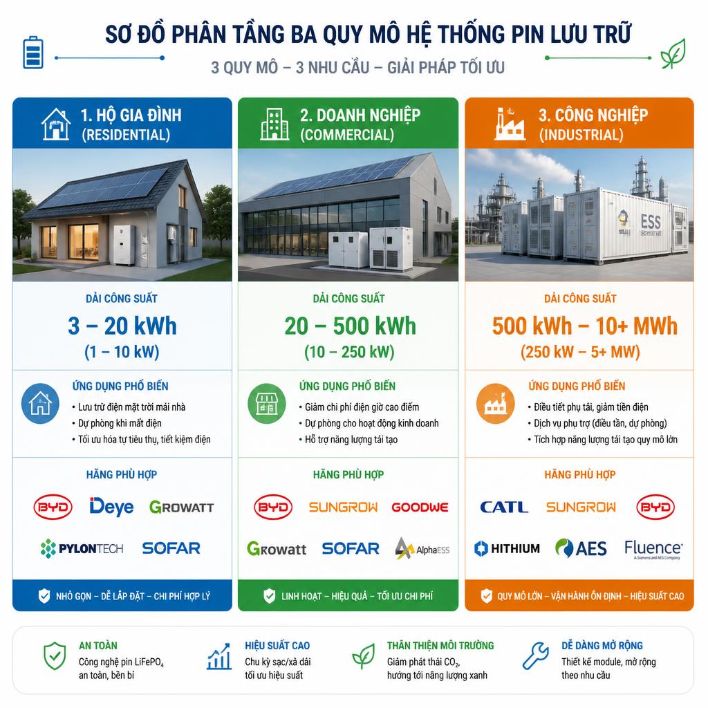 Sơ đồ phân tầng ba quy mô hệ thống pin lưu trữ (hộ gia đình / doanh nghiệp / công nghiệp) với dải công suất và hãng phù hợp tương ứng, dạng infographic ngang