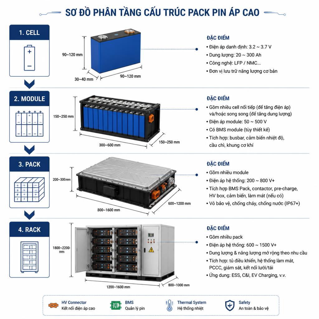 Sơ đồ phân tầng cấu trúc pack pin áp cao: Cell → Module → Pack → Rack, dạng infographic kỹ thuật nền trắng