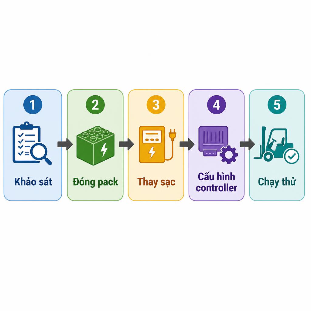 Sơ đồ quy trình 5 bước chuyển đổi pin xe nâng dạng flowchart ngang, mỗi bước là một ô màu với mũi tên nối tiếp: Khảo sát → Đóng pack → Thay sạc → Cấu hình controller → Chạy thử