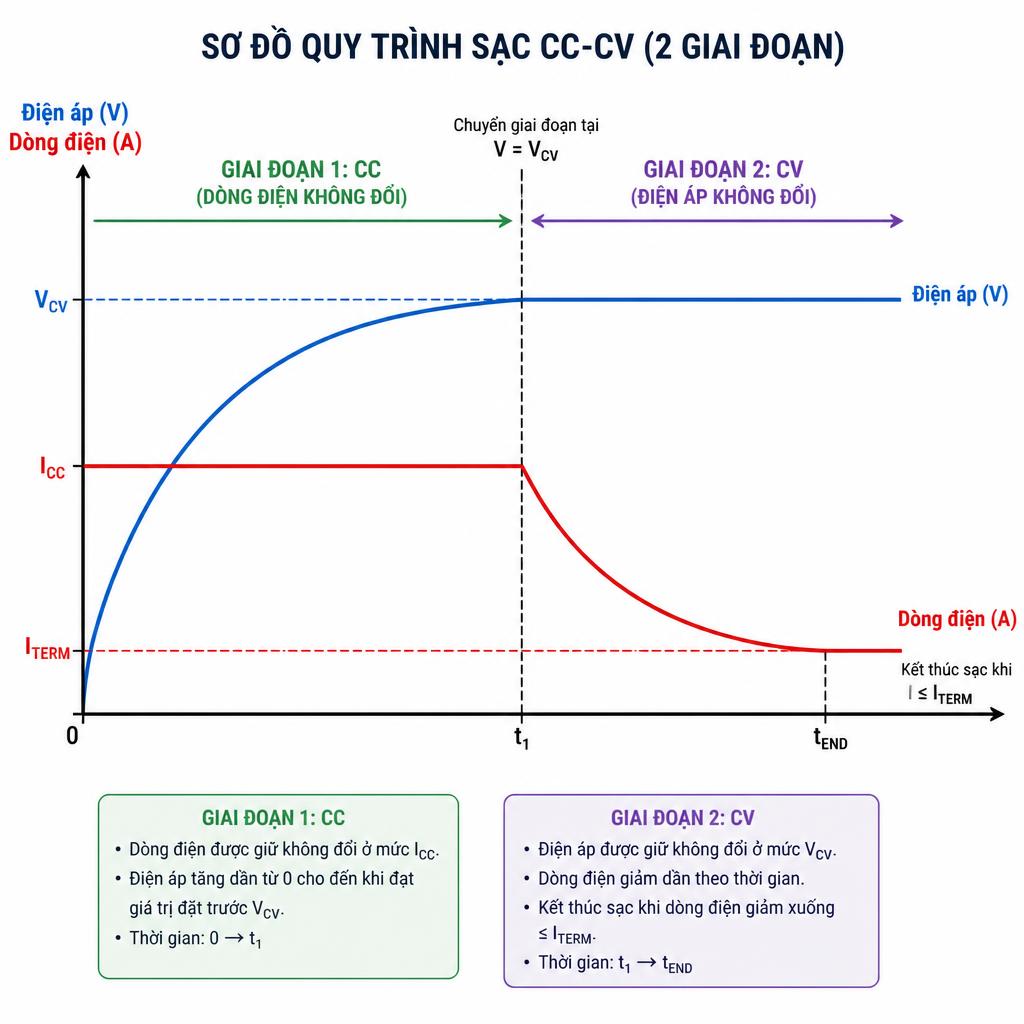 Sơ đồ quy trình sạc CC-CV với hai giai đoạn, trục X là thời gian, trục Y là điện áp và dòng điện