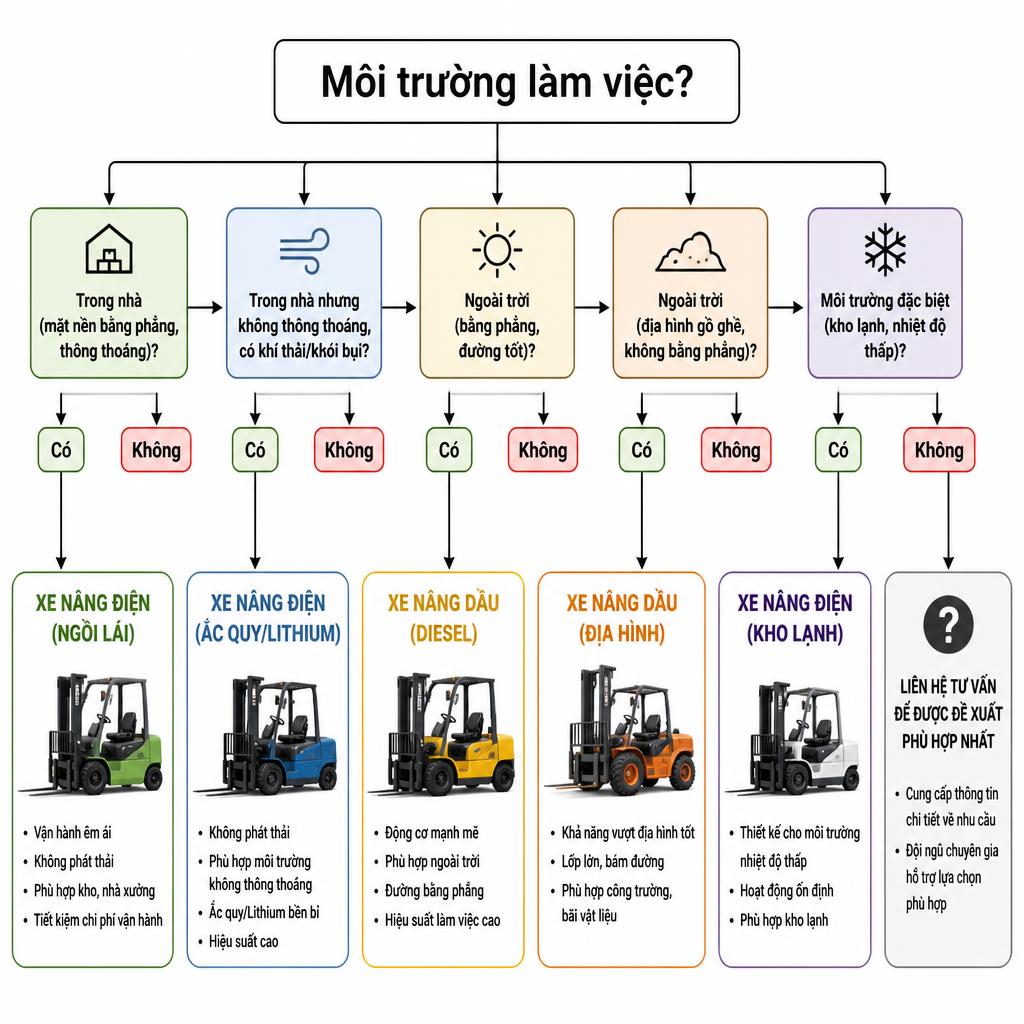Sơ đồ quyết định dạng flowchart: từ câu hỏi 'Môi trường làm việc?' phân nhánh ra các lựa chọn xe nâng phù hợp theo từng điều kiện, nền trắng, chữ rõ