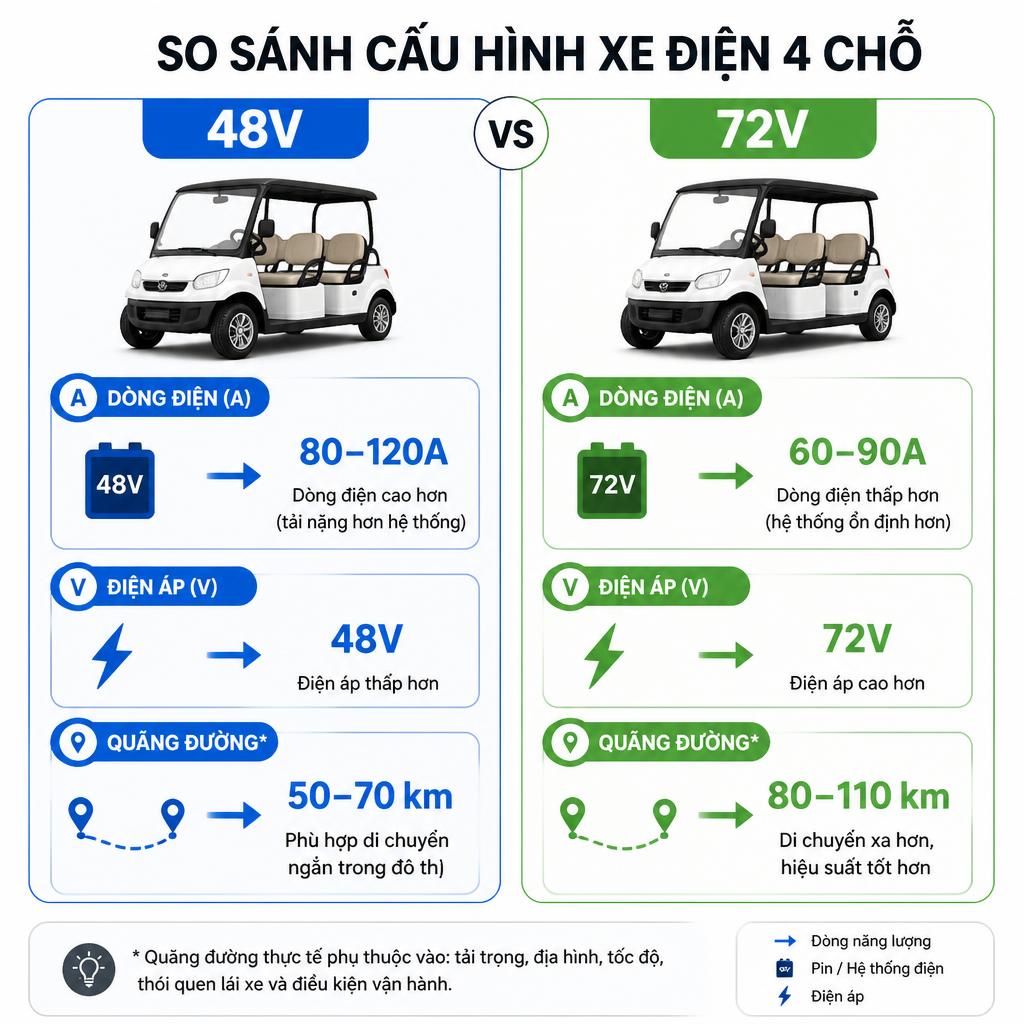 Sơ đồ so sánh cấu hình 48V và 72V cho xe điện 4 chỗ, dạng infographic đơn giản thể hiện dòng điện, điện áp và quãng đường tương ứng