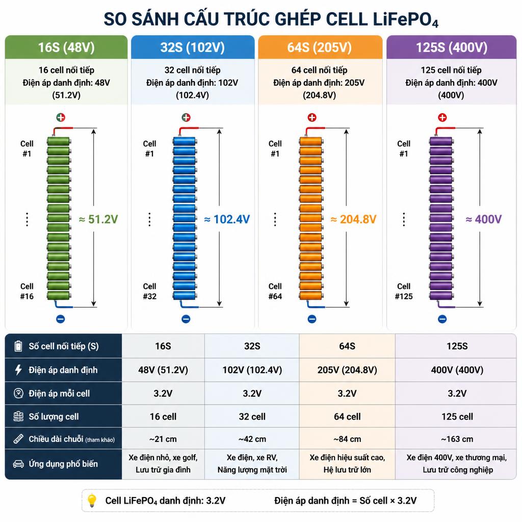 Sơ đồ so sánh cấu trúc ghép cell LiFePO4: chuỗi 16S (48V), 32S (102V), 64S (205V), 125S (400V), hiển thị trực quan số cell và điện áp tương ứng