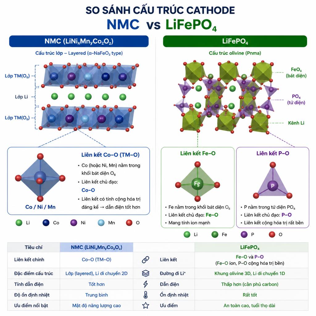 Sơ đồ so sánh cấu trúc cathode NMC và LiFePO4, làm nổi bật liên kết Fe-P-O và Co-O