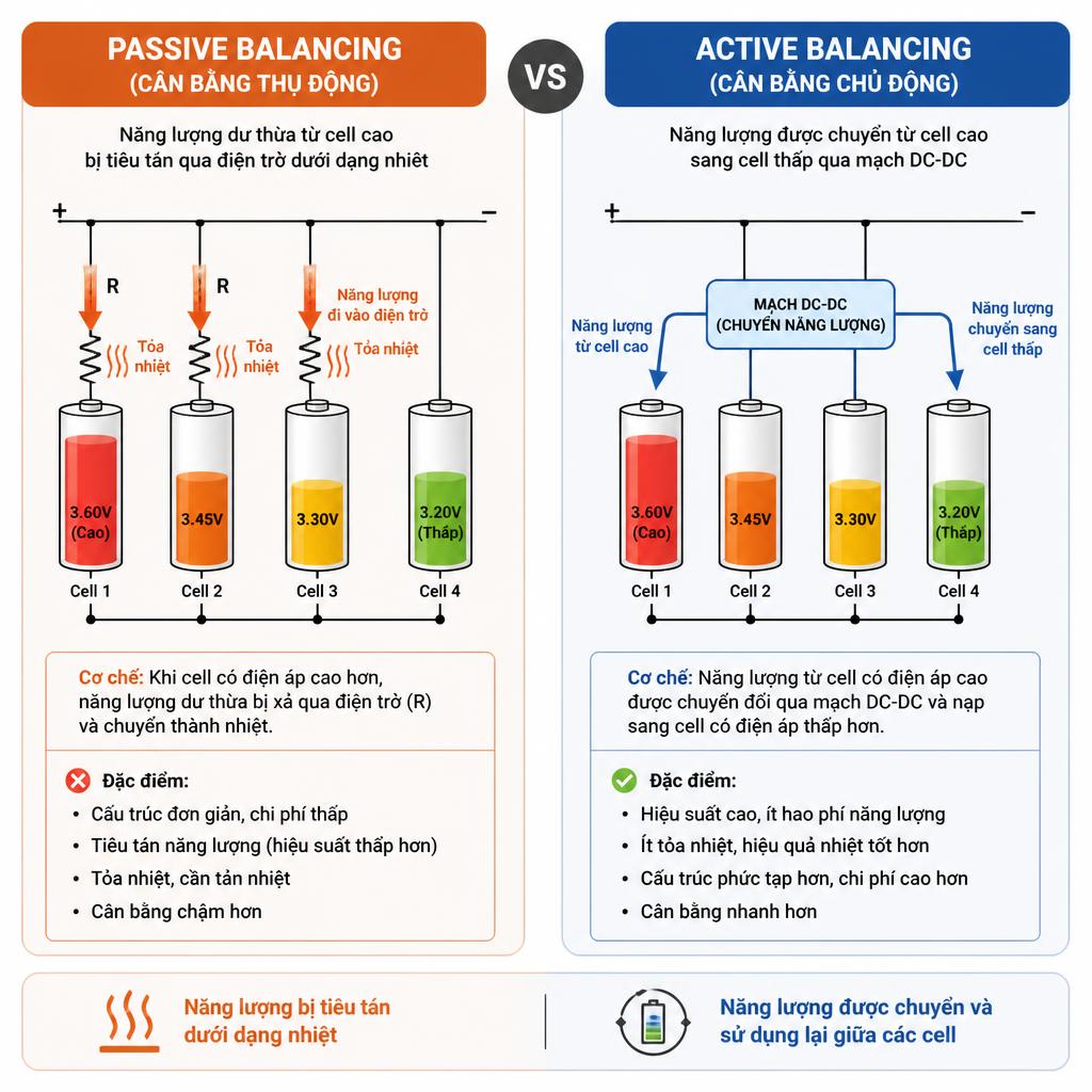 Sơ đồ so sánh cơ chế passive balancing (mũi tên năng lượng đi vào điện trở, tỏa nhiệt) vs active balancing (mũi tên năng lượng chuyển từ cell cao sang cell thấp qua mạch DC-DC)