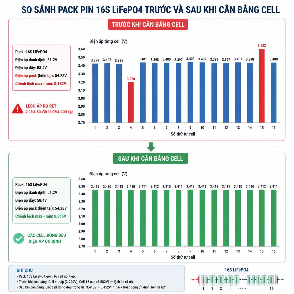 Sơ đồ so sánh pack pin 16S LiFePO4 trước và sau khi cân bằng cell, hiển thị điện áp từng cell trên thanh bar chart, trạng thái lệch rõ ở 2 cell so với 14 cell còn lại