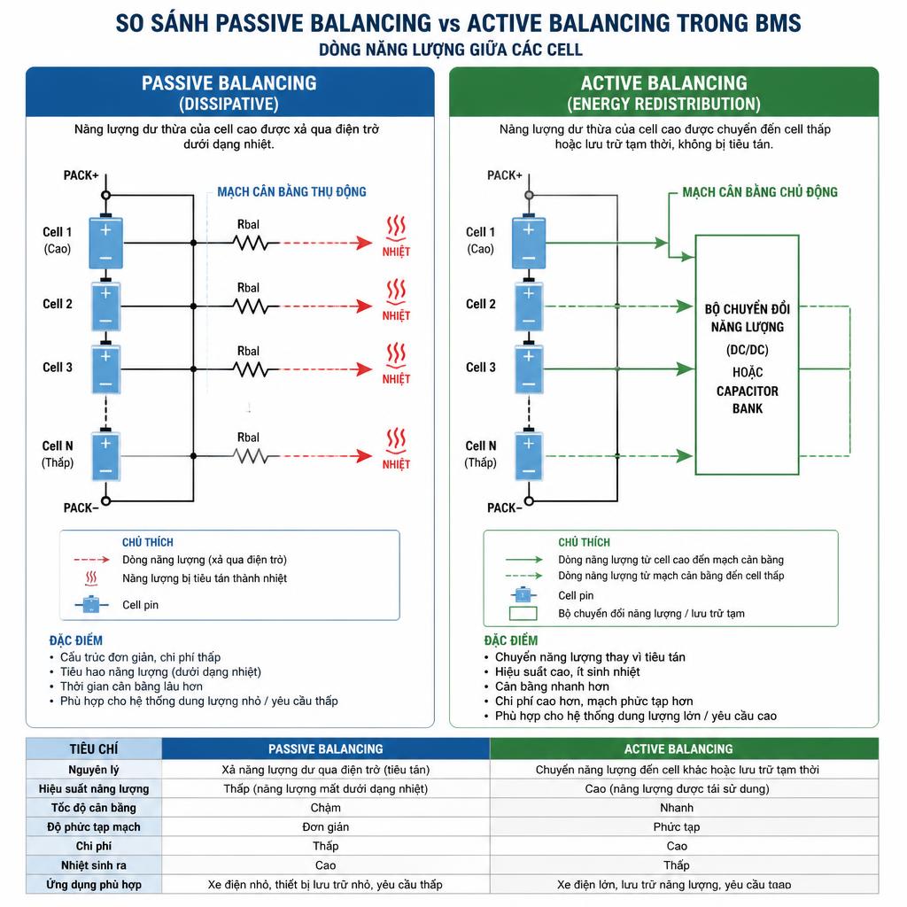 Sơ đồ so sánh passive balancing và active balancing trong BMS, thể hiện dòng năng lượng giữa các cell, dạng đồ họa kỹ thuật rõ ràng