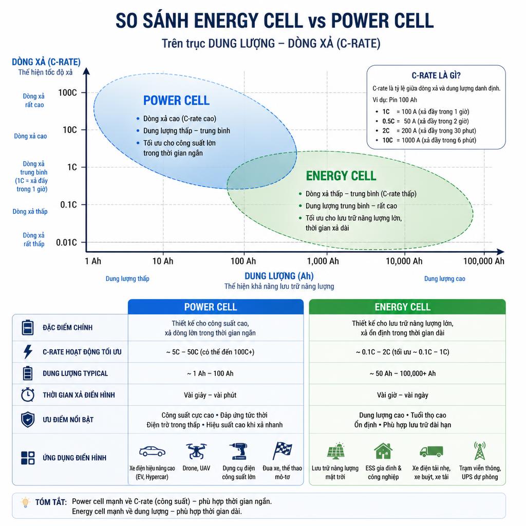 Sơ đồ so sánh trực quan giữa energy cell và power cell trên trục dung lượng – dòng xả, có nhãn C-rate và ứng dụng điển hình