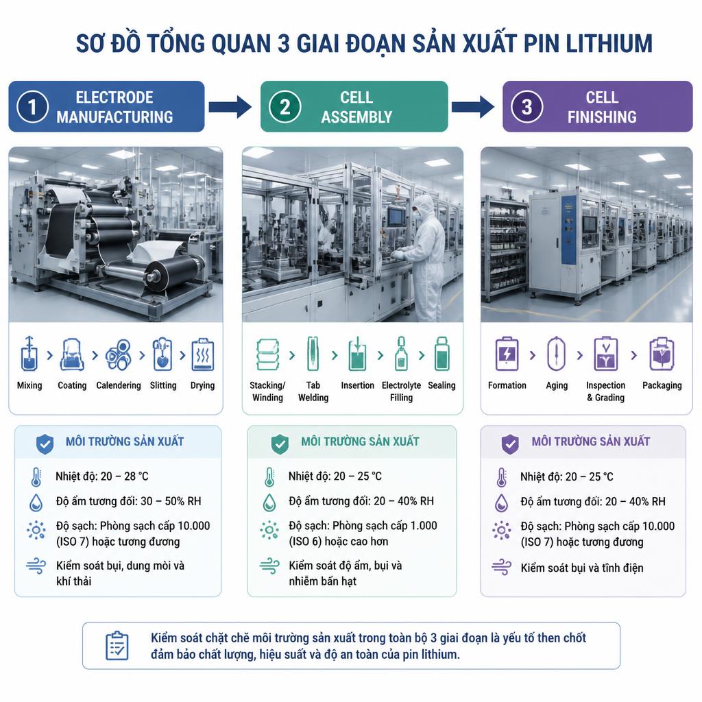 Sơ đồ tổng quan 3 giai đoạn sản xuất pin lithium: Electrode Manufacturing → Cell Assembly → Cell Finishing, với mũi tên theo chiều ngang và môi trường sản xuất tương ứng