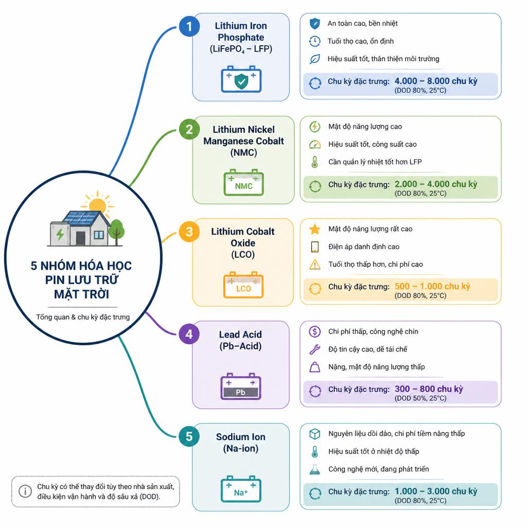 Sơ đồ tổng quan 5 nhóm hóa học pin lưu trữ mặt trời, bố cục dạng mind map với tên và chu kỳ đặc trưng mỗi loại