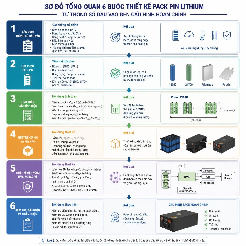 Sơ đồ tổng quan 6 bước thiết kế pack pin lithium, từ thông số đầu vào đến cấu hình hoàn chỉnh