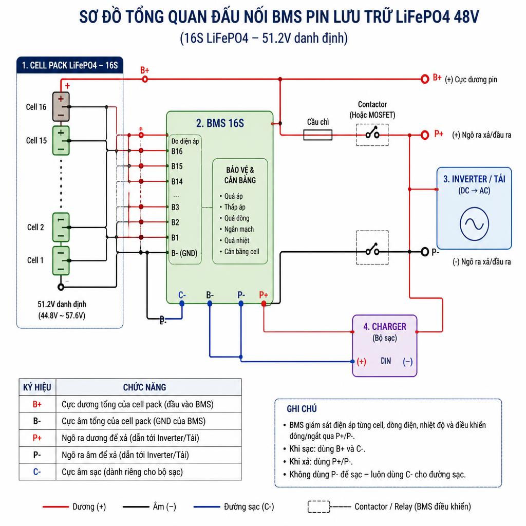 Sơ đồ tổng quan đấu nối BMS pin lưu trữ LiFePO4 48V, block diagram thể hiện cell pack, BMS, inverter, charger và các cổng B+/B-/P+/P-/C-
