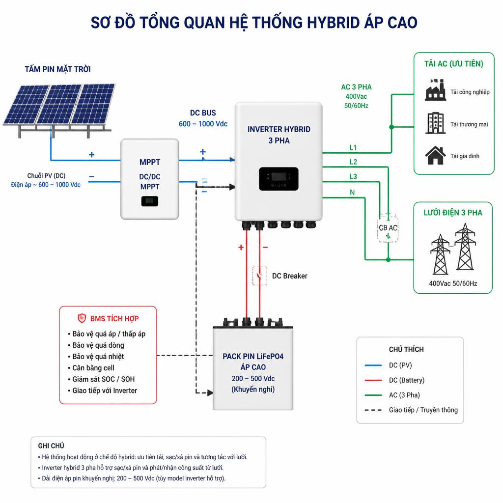 Sơ đồ tổng quan hệ thống điện mặt trời hybrid gồm tấm pin PV, MPPT controller, inverter hybrid, pack pin LiFePO4 và tải AC, thể hiện dòng năng lượng bằng mũi tên có màu sắc phân biệt chiều sạc và chiều xả