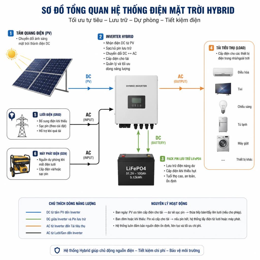 Sơ đồ tổng quan hệ thống điện mặt trời hybrid gồm tấm quang điện, inverter hybrid, pack pin lưu trữ LiFePO4 và tải tiêu thụ, dạng infographic kỹ thuật, nền trắng, có chú thích từng thành phần