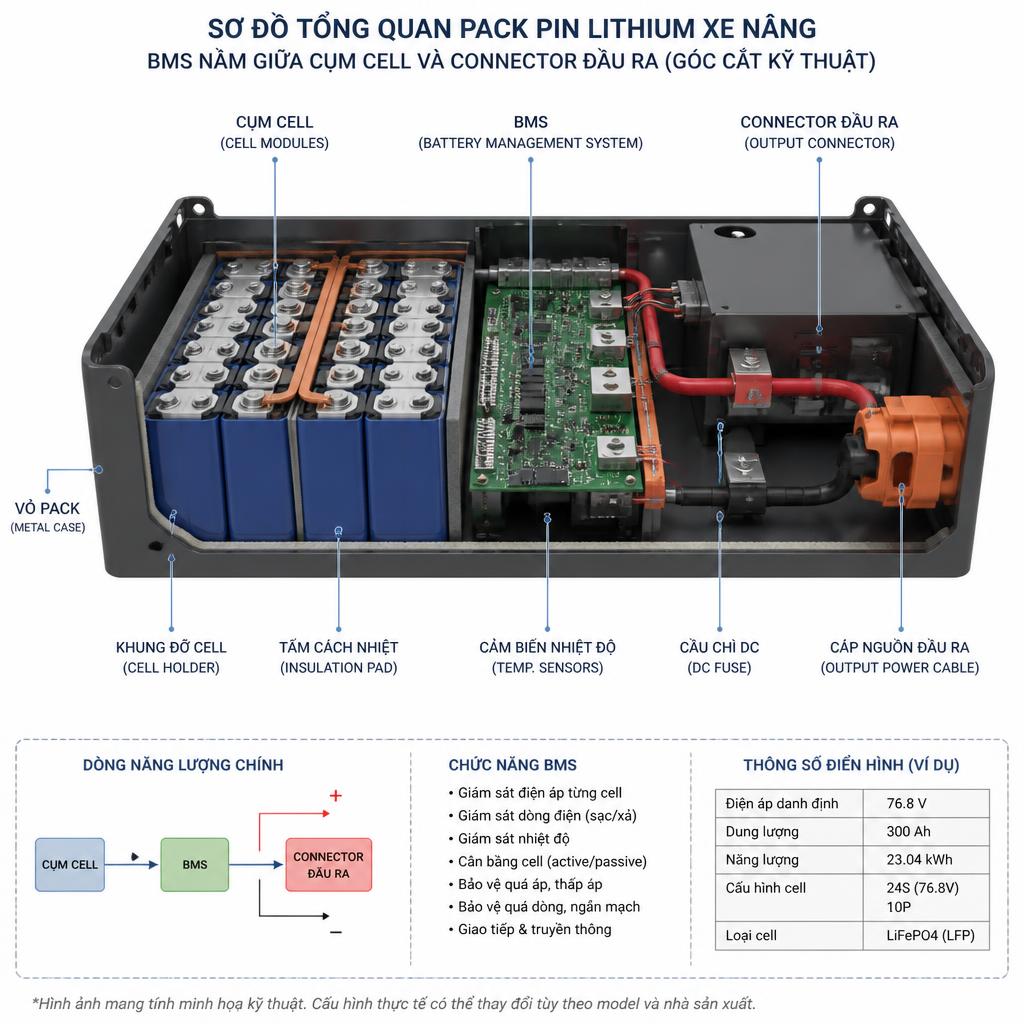 Sơ đồ tổng quan pack pin lithium xe nâng với BMS nằm giữa cụm cell và connector đầu ra, nhìn từ góc kỹ thuật cắt ngang