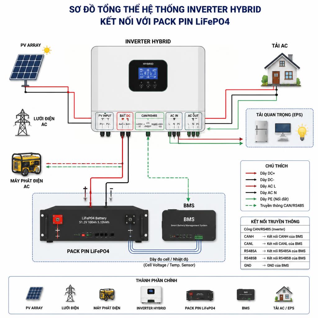 Sơ đồ tổng thể hệ thống inverter hybrid kết nối với pack pin LiFePO4, hiển thị rõ cổng BAT DC, cổng CAN/RS485, BMS và các thành phần chính