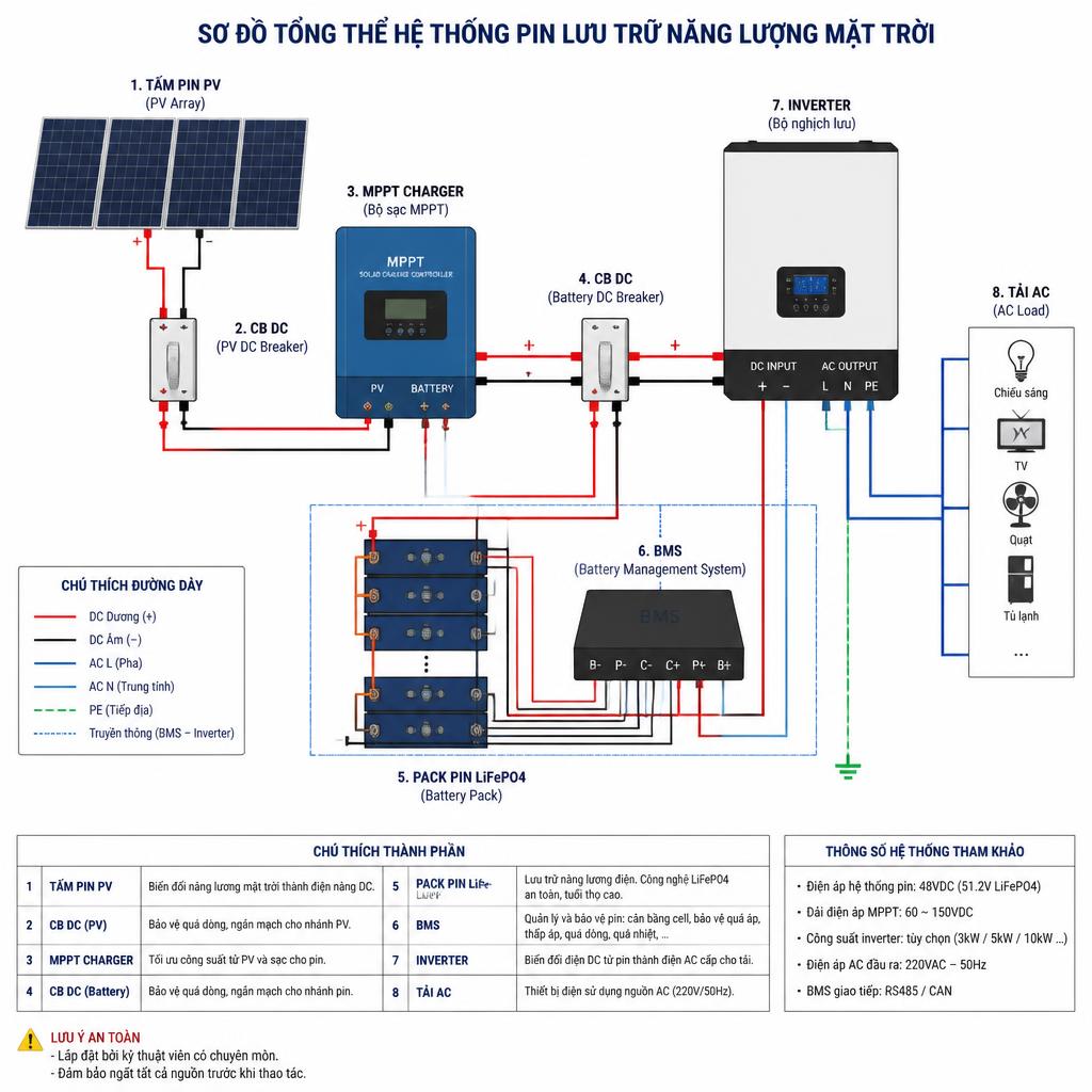 Sơ đồ tổng thể hệ thống pin lưu trữ năng lượng mặt trời, gồm tấm pin PV, MPPT charger, pack pin LiFePO4, BMS, CB DC, inverter và tải AC, nhìn từ góc kỹ thuật, có chú thích từng thành phần