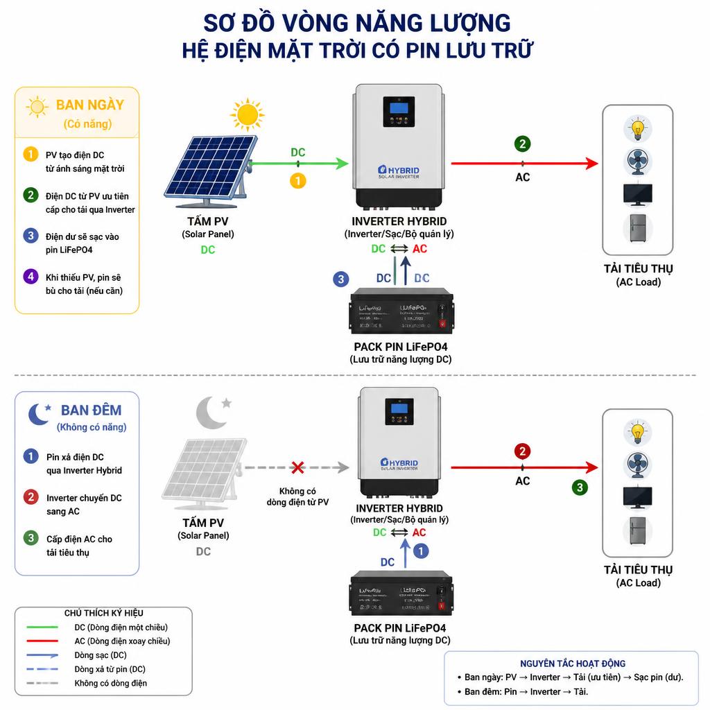 Sơ đồ vòng năng lượng của hệ điện mặt trời có pin lưu trữ, từ tấm PV qua inverter hybrid đến pack pin LiFePO4 và tải tiêu thụ, chú thích rõ chiều dòng điện ban ngày và ban đêm
