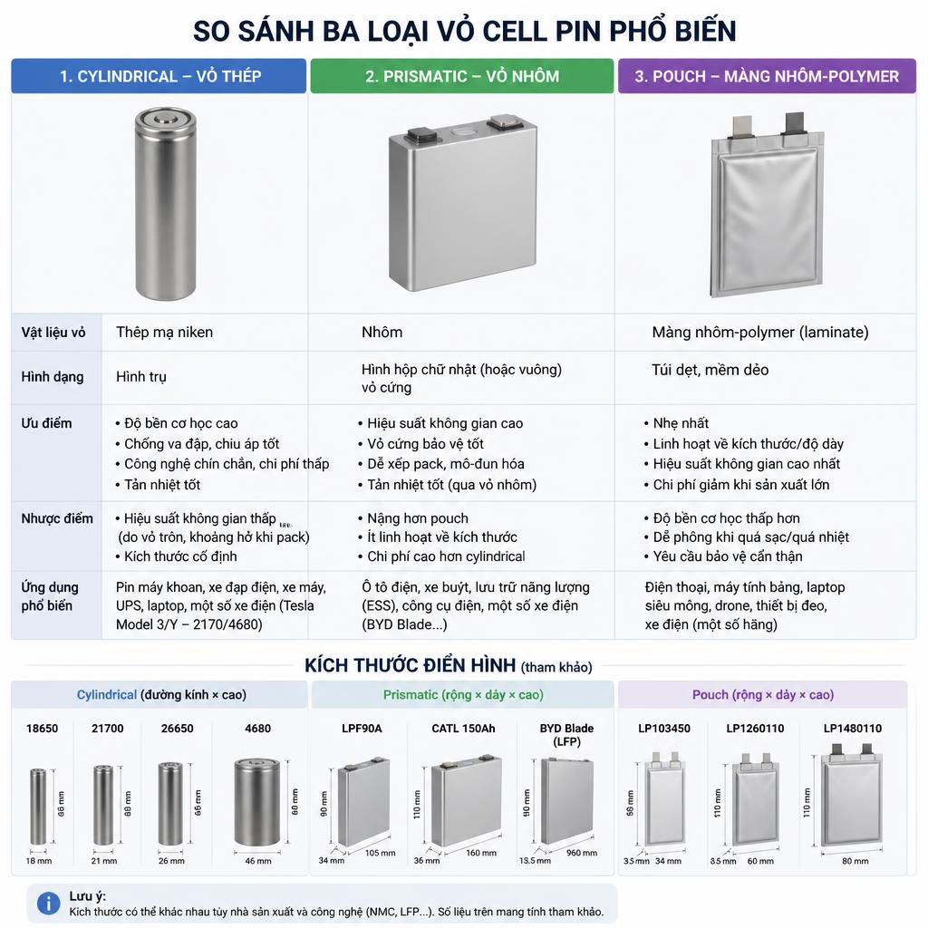 So sánh ba loại vỏ cell: cylindrical thép, prismatic nhôm, pouch màng nhôm-polymer, kèm kích thước điển hình