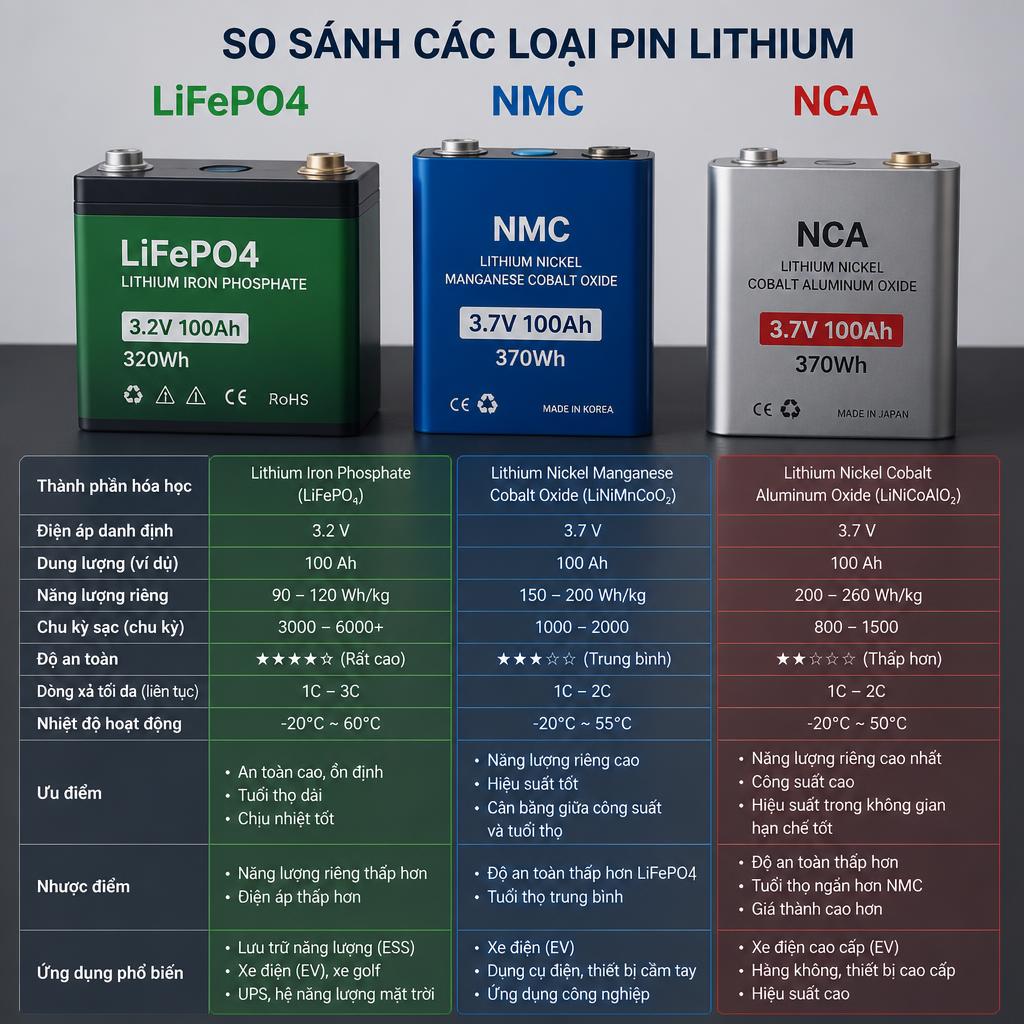 So sánh các loại pin lithium LiFePO4, NMC, NCA đặt cạnh nhau với nhãn thông số kỹ thuật