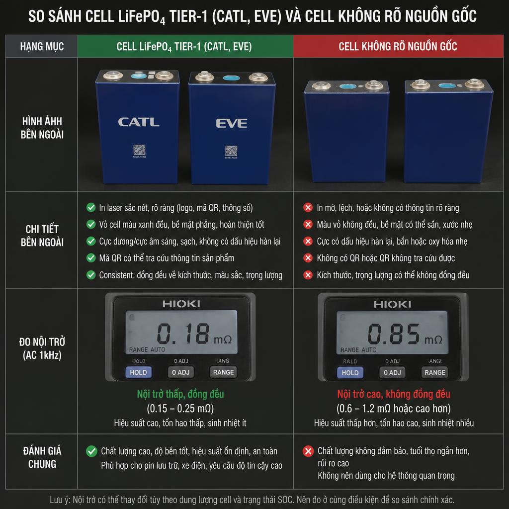 So sánh cell LiFePO4 tier-1 (CATL, EVE) và cell không rõ nguồn gốc, nhìn bề ngoài, đo nội trở