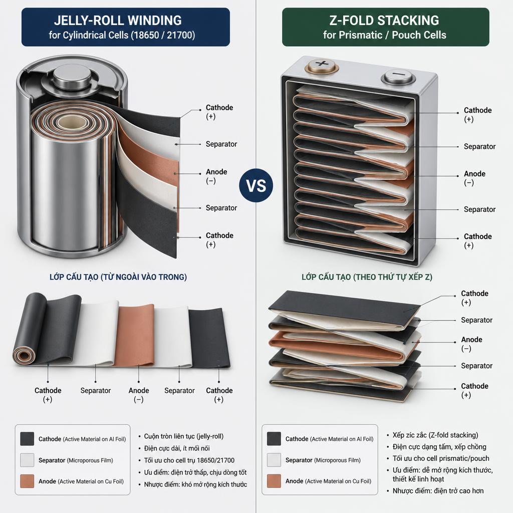So sánh hai cấu trúc cell: bên trái là jelly-roll winding cho cell trụ 18650/21700, bên phải là Z-fold stacking cho cell prismatic/pouch, hiển thị các lớp cathode/separator/anode