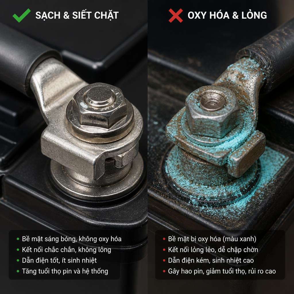 So sánh hai trạng thái đầu nối pin lithium: một bên sạch và siết chặt, một bên bị oxy hóa xanh và lỏng, góc cận cảnh rõ chi tiết bề mặt