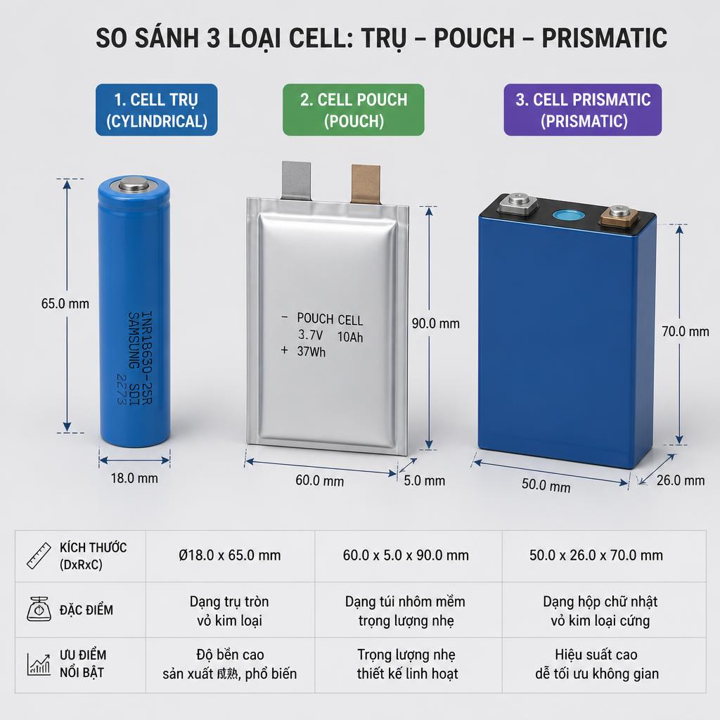 So sánh hình dạng 3 loại cell: trụ (cylindrical), pouch và prismatic đặt cạnh nhau với chú thích kích thước
