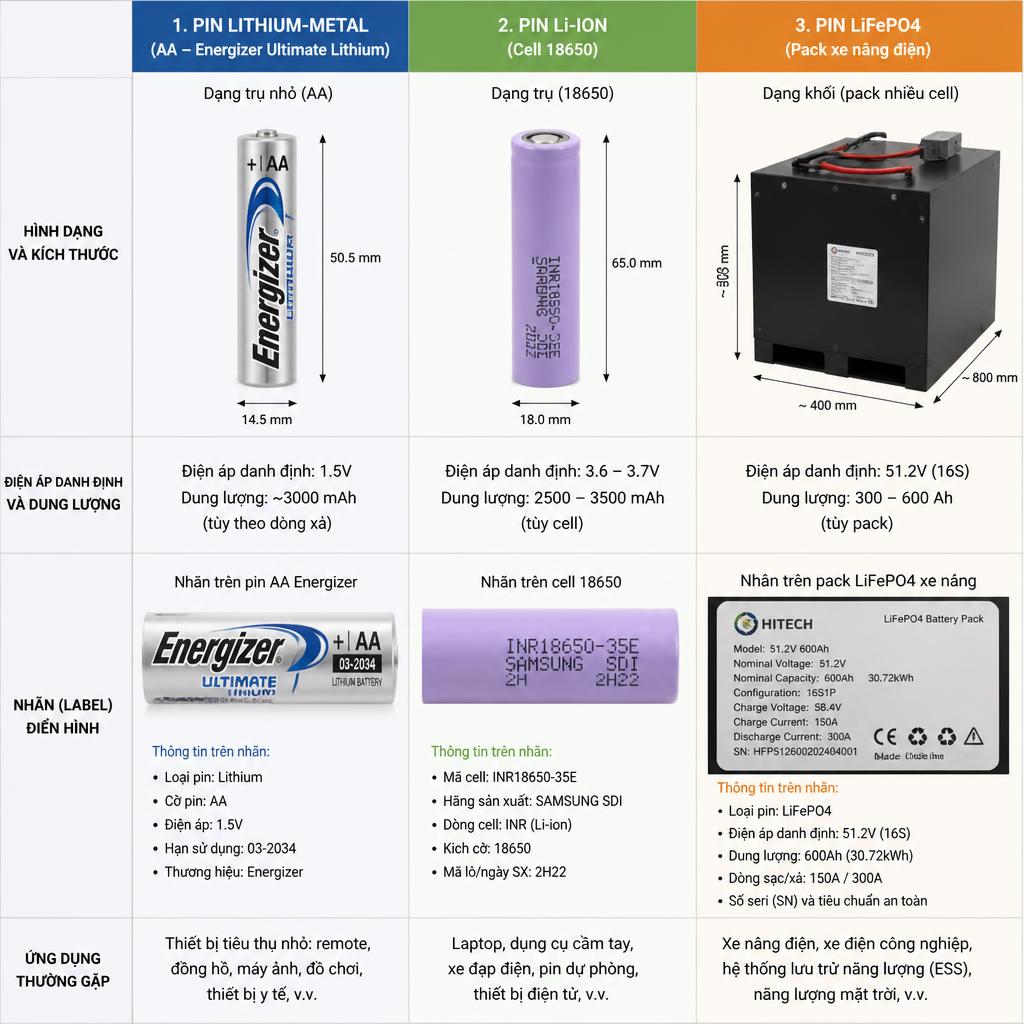 So sánh hình dạng và nhãn của pin lithium-metal (pin AA Energizer Ultimate Lithium) và pin Li-ion (cell 18650 và pack LiFePO4 xe nâng)