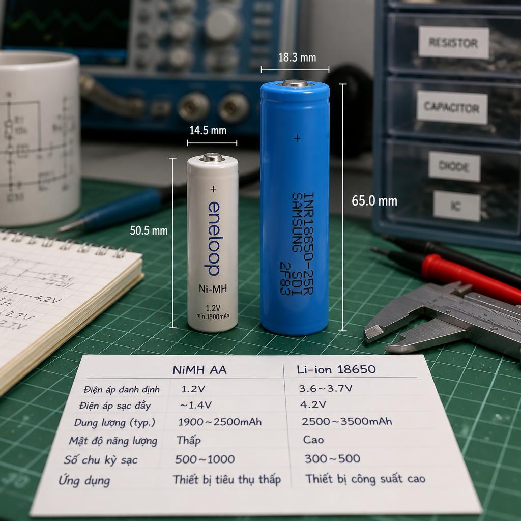 So sánh pin NiMH AA và pin lithium 18650 đặt cạnh nhau trên bàn làm việc kỹ thuật