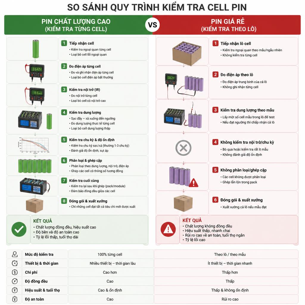 So sánh quy trình kiểm tra cell pin chất lượng cao (kiểm tra từng cell) và pin giá rẻ (kiểm tra theo lô)