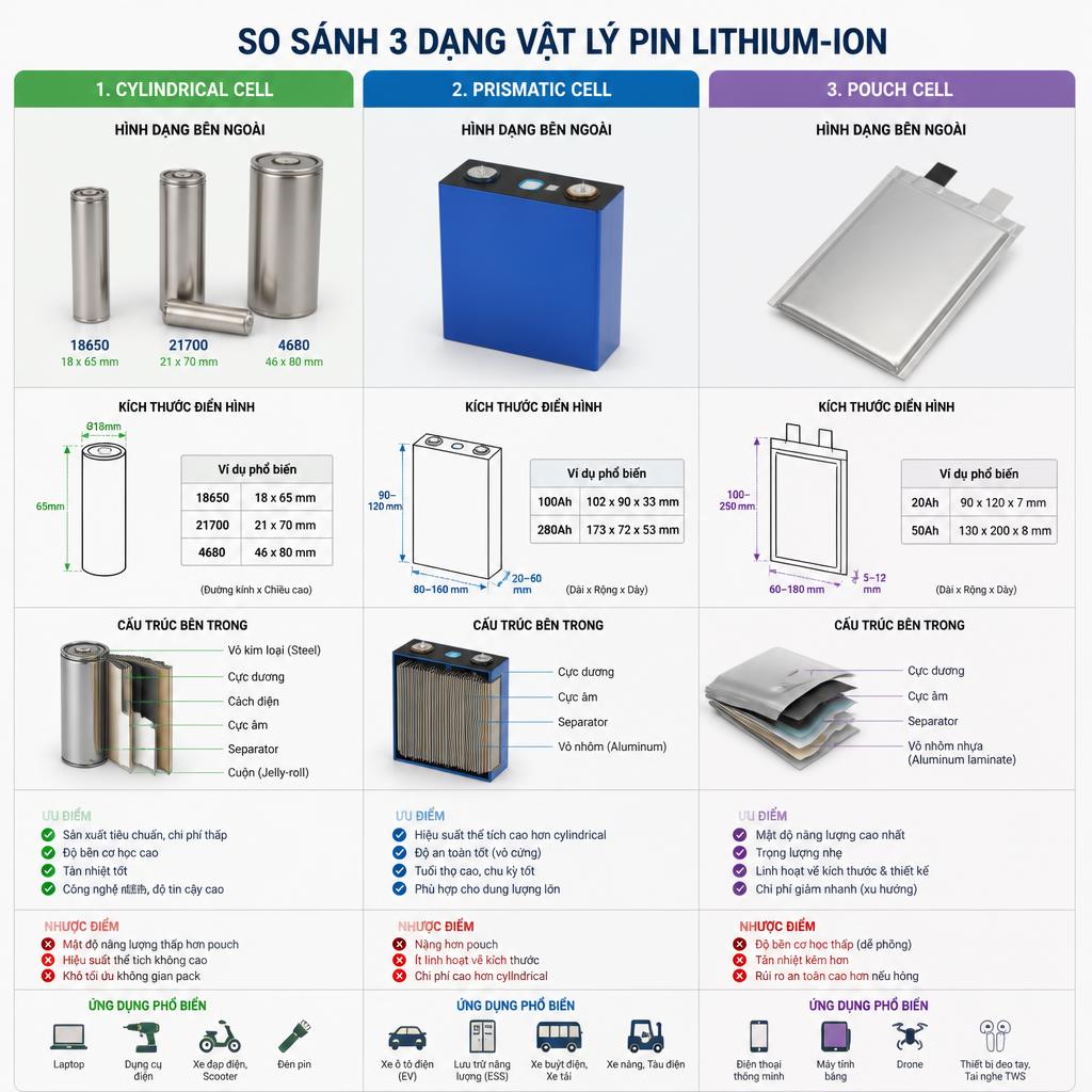 So sánh trực quan ba dạng vật lý cylindrical, prismatic và pouch cell