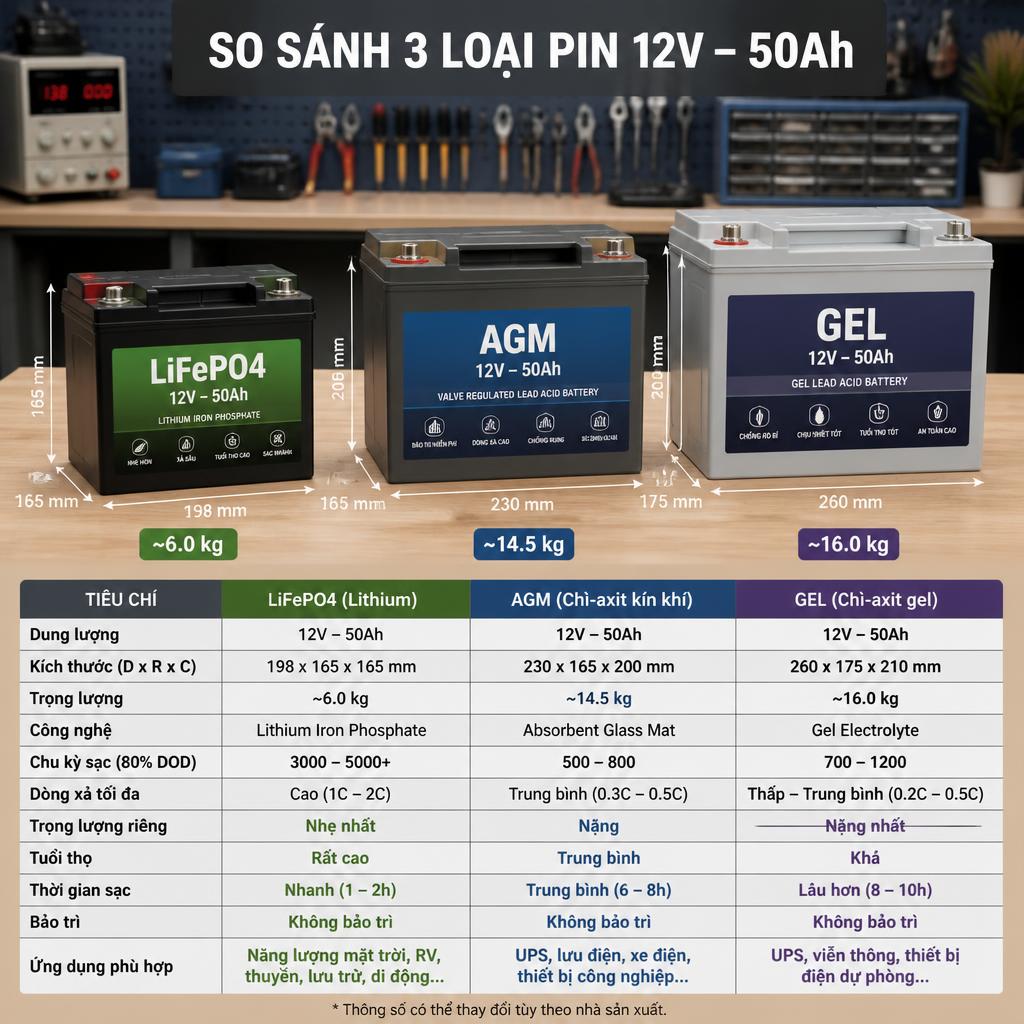 So sánh trực quan ba khối pin cùng dung lượng 12V-50Ah: LiFePO4 (nhỏ gọn, nhẹ), AGM (to hơn, nặng hơn) và Gel, đặt cạnh nhau trên bàn kỹ thuật