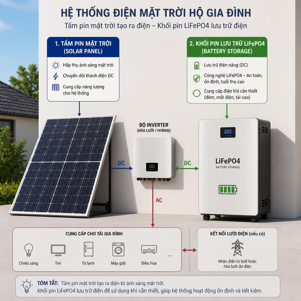 So sánh trực quan giữa tấm pin mặt trời (solar panel) và khối pin lưu trữ LiFePO4, đặt cạnh nhau trong một hệ thống điện mặt trời hộ gia đình, chú thích rõ hai thành phần