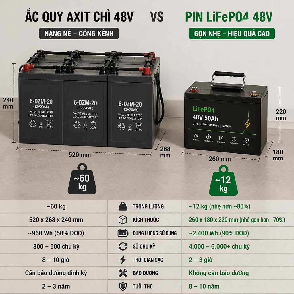 So sánh trực quan hai loại pin: bộ ắc quy axit chì 48V nặng nề bên trái và pack LiFePO4 gọn nhẹ bên phải, đặt cạnh nhau để thấy rõ sự chênh lệch kích thước và trọng lượng