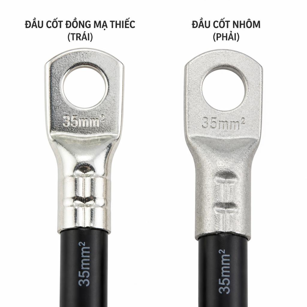 So sánh trực quan hai loại đầu cốt: đầu cốt đồng mạ thiếc (trái) và đầu cốt nhôm (phải) gắn trên dây cáp 35mm², chụp cận cảnh nền trắng