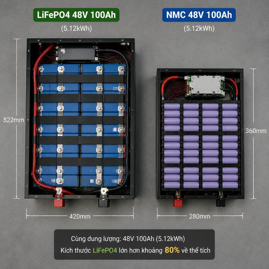 So sánh trực quan hai pack pin LiFePO4 và NMC cùng điện áp 48V đặt cạnh nhau, nhìn từ trên xuống, thể hiện sự khác biệt về kích thước vật lý