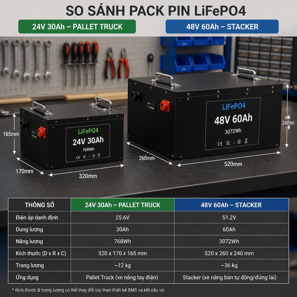 So sánh trực quan hai pack pin, 48V 200Ah và 200V 100Ah, đặt cạnh nhau trong xưởng, thấy rõ sự khác biệt về số cell và cấu trúc BMS