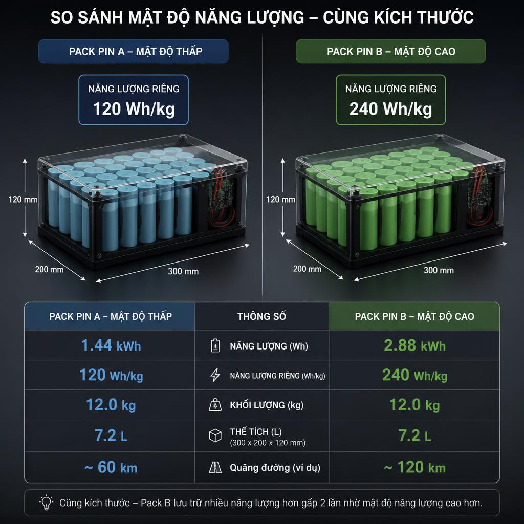 So sánh trực quan hai pack pin cùng kích thước nhưng mật độ năng lượng khác nhau, hiển thị nhãn Wh/kg