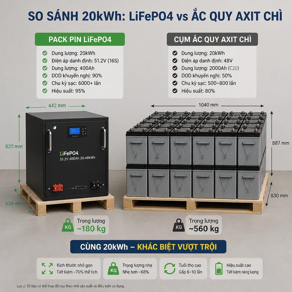 So sánh trực quan pack pin LiFePO4 và pin axit chì cùng dung lượng 20 kWh, chênh lệch kích thước và trọng lượng rõ ràng