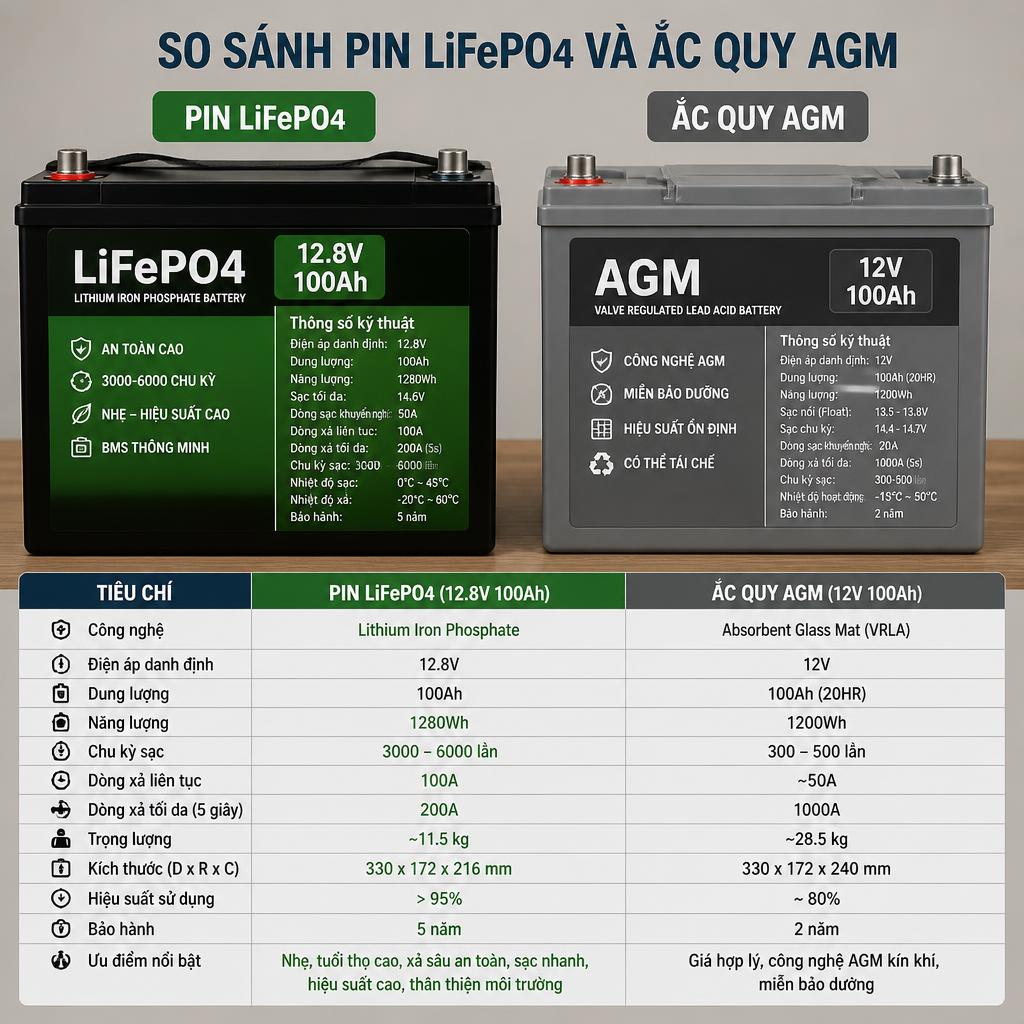 So sánh trực quan pin LiFePO4 và ắc quy AGM đặt cạnh nhau, hiển thị nhãn thông số kỹ thuật