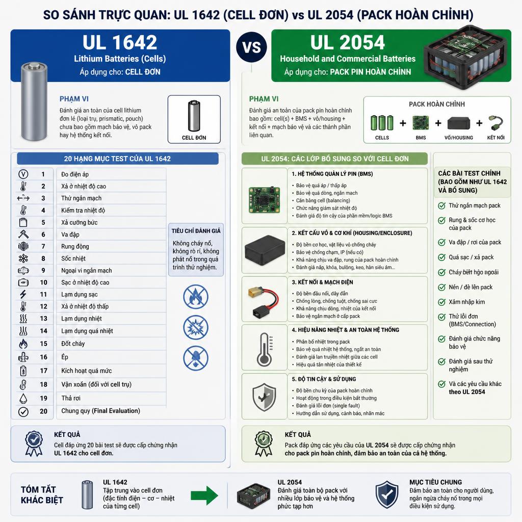 So sánh trực quan UL 1642 (cell đơn) vs UL 2054 (pack hoàn chỉnh), dạng sơ đồ hai cột, trái là cell đơn với 20 hạng mục test, phải là pack với các lớp bổ sung BMS/vỏ/kết nối