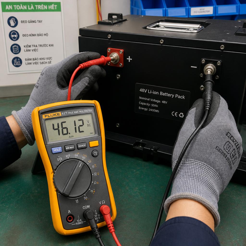 Tay kỹ thuật viên đang đo điện áp terminal pack pin 48V bằng multimeter kỹ thuật số, hiển thị số đo khoảng 46V trên màn hình