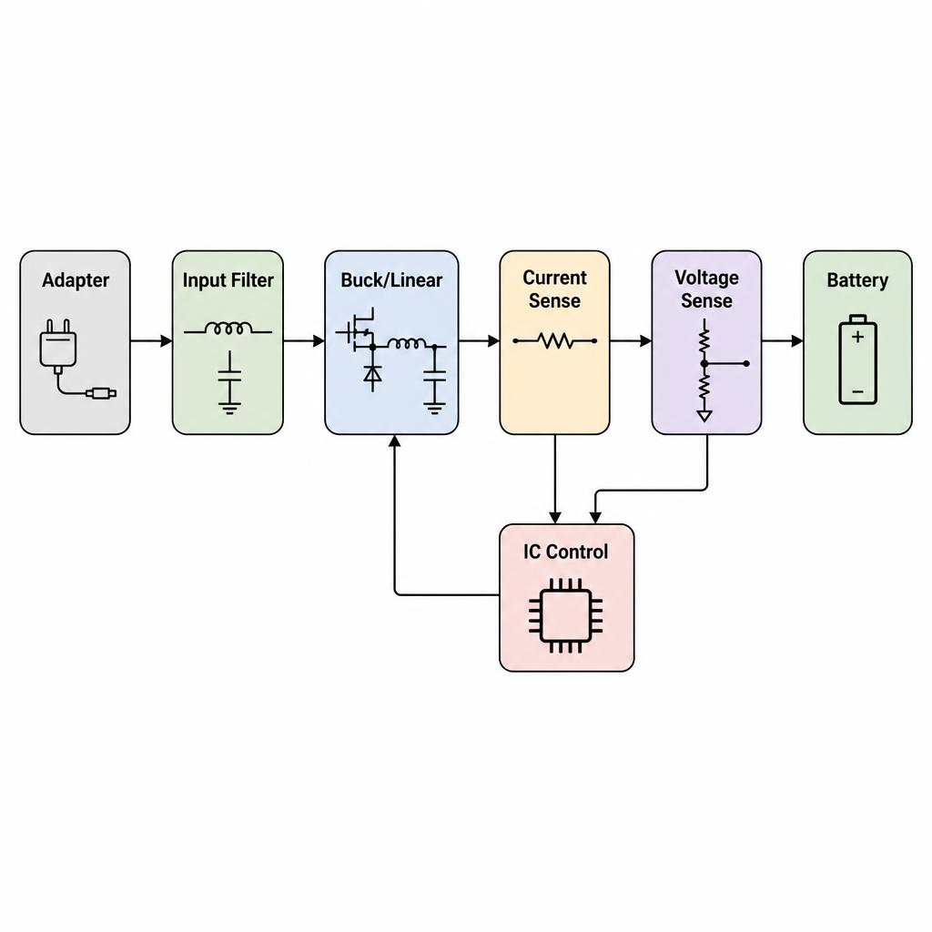 Text diagram dạng flow: Adapter → Input Filter → Buck/Linear → Current Sense → Voltage Sense → IC Control → Battery