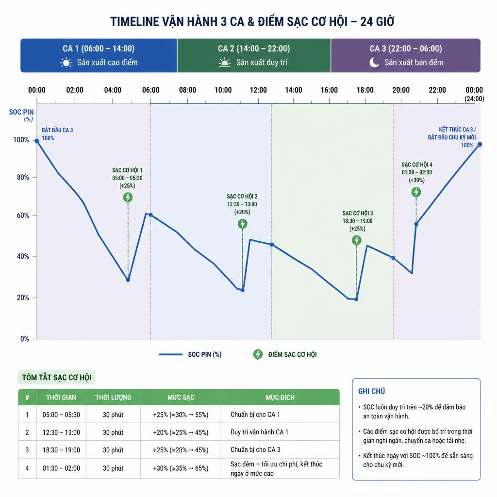 Timeline vận hành 3 ca với các điểm sạc cơ hội được đánh dấu, thể hiện mức SOC pin thay đổi theo thời gian trong 24 giờ