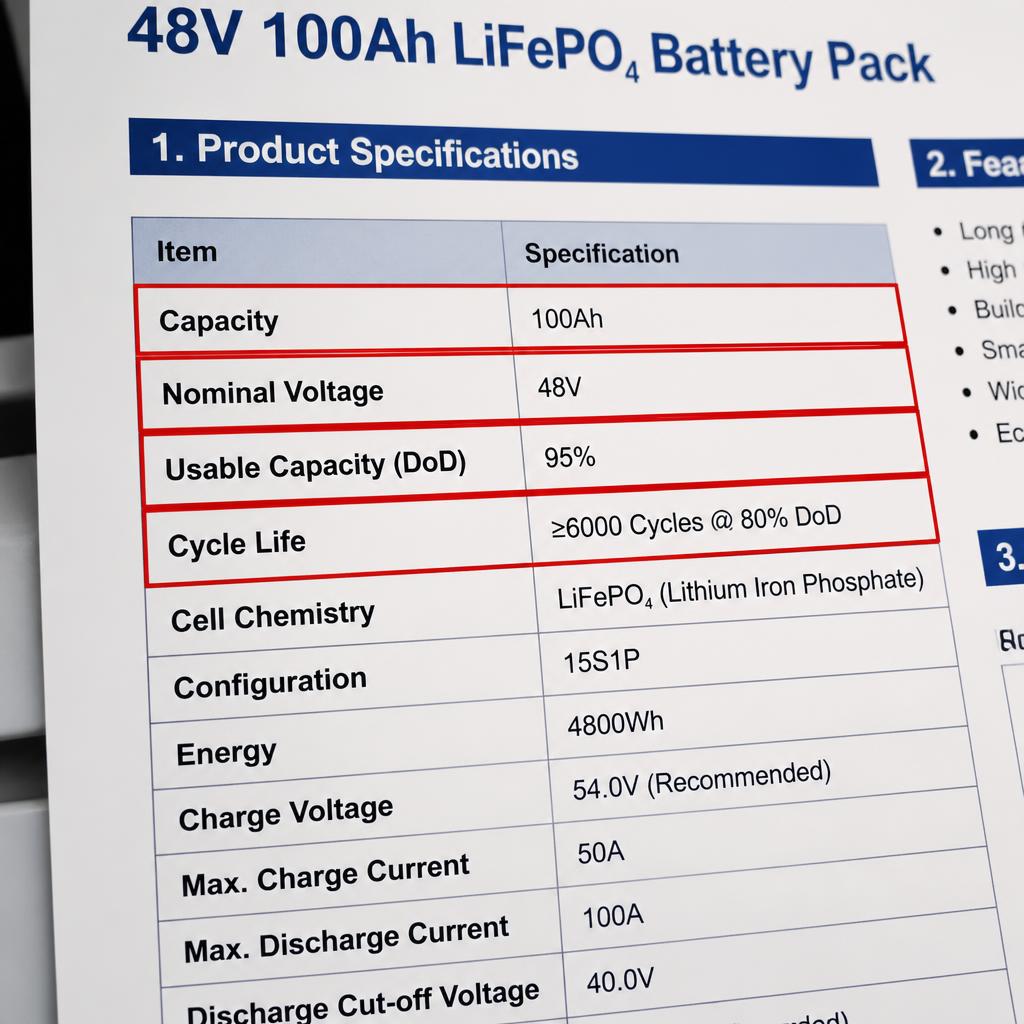 Tờ datasheet kỹ thuật thực tế của một pack pin LiFePO4 48V 100Ah, chụp cận cảnh các thông số kỹ thuật được in trên tài liệu, làm nổi bật các mục Capacity, Voltage, DoD, Cycle Life