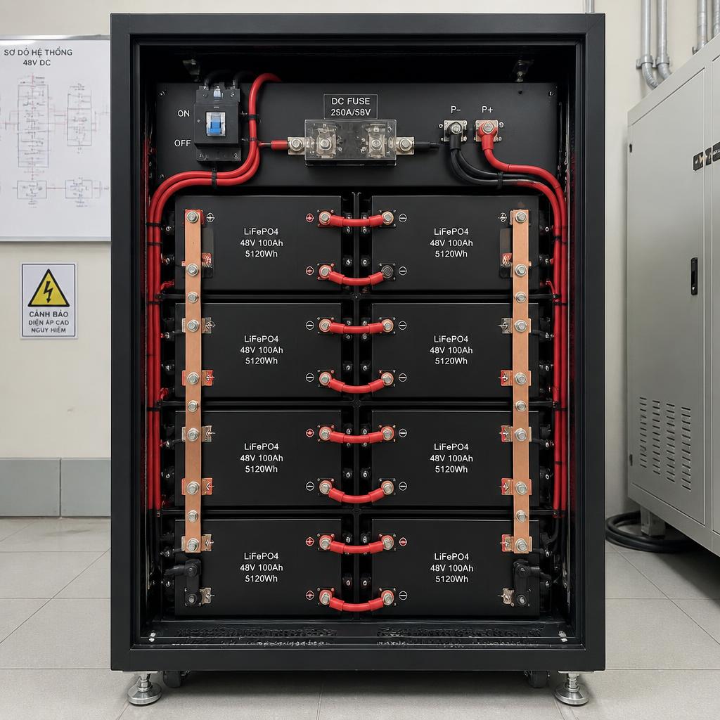 Toàn cảnh một bộ pack pin LiFePO4 48V đã đấu nối hoàn chỉnh với busbar đồng, cầu chì DC và dây cáp màu đỏ/đen, chụp từ phía trước tủ pin trong phòng kỹ thuật