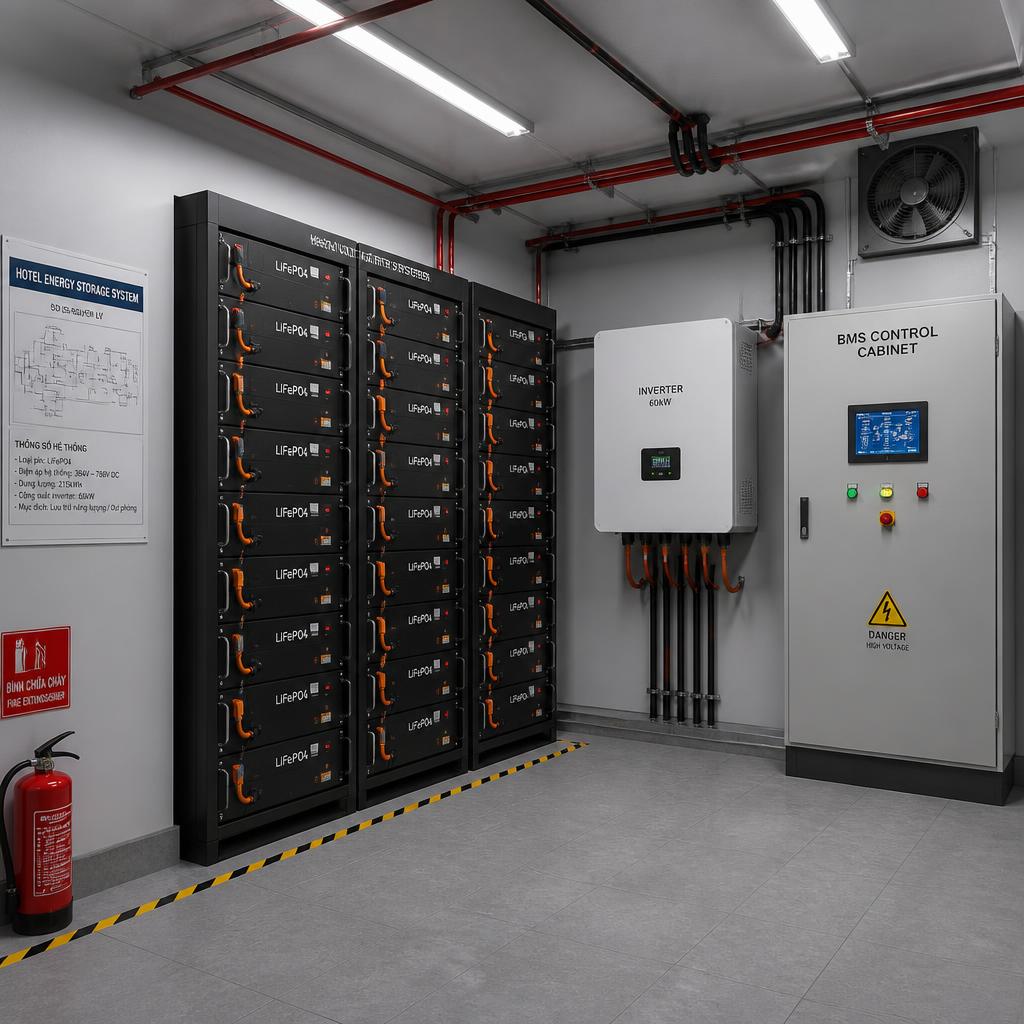 Tủ pin lưu trữ áp cao LiFePO4 lắp đặt trong phòng kỹ thuật khách sạn, góc chụp toàn cảnh thể hiện rack pin, inverter và tủ điều khiển BMS